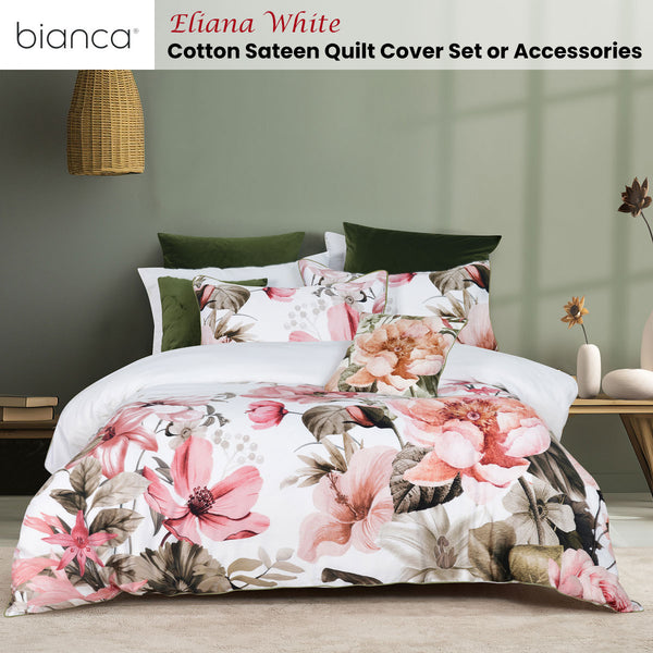 Bianca Eliana Floral Cotton Sateen Quilt Doona Duvet Cover White Super King