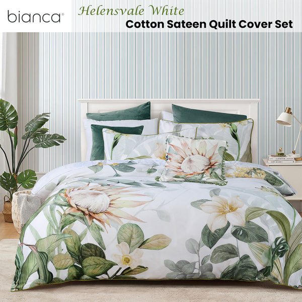 Bianca Helensvale Floral Cotton Sateen Quilt Doona Duvet Cover White Queen