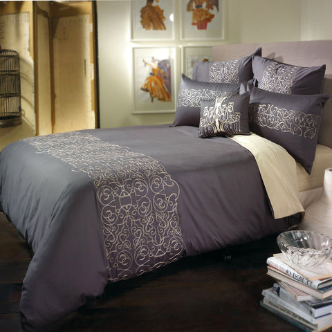 Bianca Maddox Embroidered Cotton Sateen Quilt Doona Duvet Cover Charcoal King