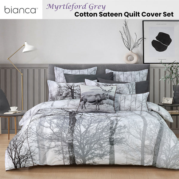 Bianca Myrtleford Cotton Sateen Quilt Doona Duvet Cover Grey Queen