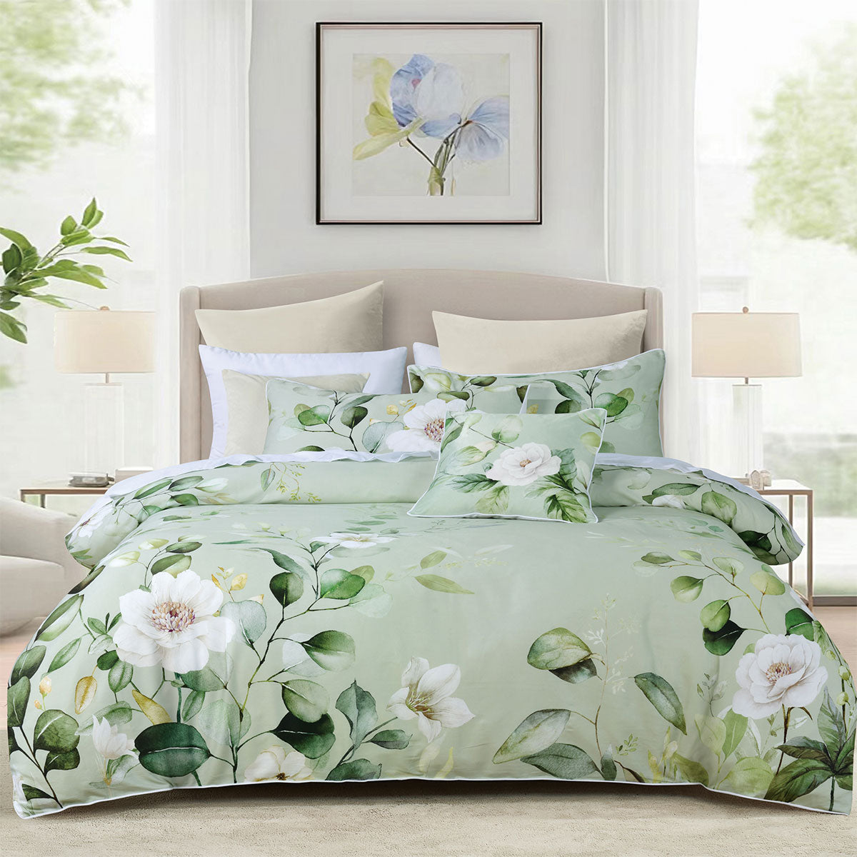 Bianca Salisbury Floral Cotton Sateen Quilt Doona Duvet Cover Sage Queen
