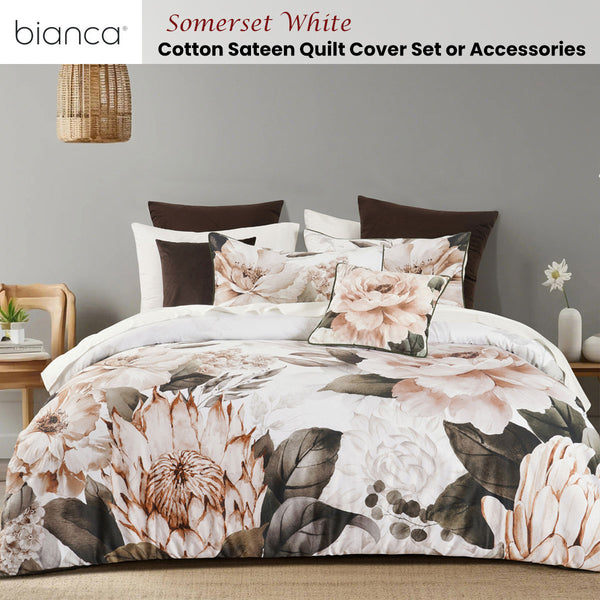 Bianca Somerset Floral Cotton Sateen Quilt Doona Duvet Cover White Queen