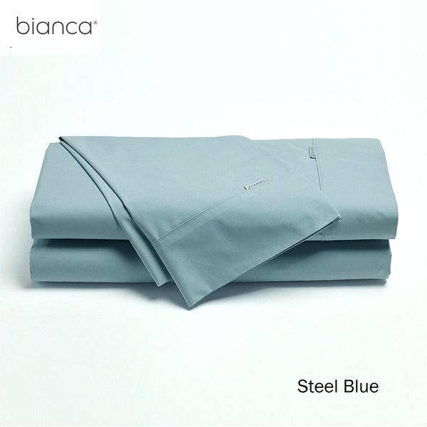Bianca Heston Cotton Percale Flat Fitted Sheet Set Steel Blue King Single