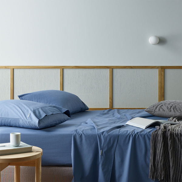 Bianca Natural Sleep Recycled Cotton Bamboo Flat Fitted Sheet Set Blue Double