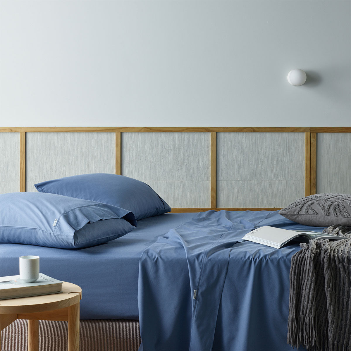 Bianca Natural Sleep Recycled Cotton Bamboo Flat Fitted Sheet Set Blue Single