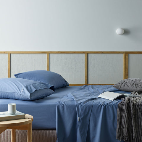 Bianca Natural Sleep Recycled Cotton Bamboo Flat Fitted Sheet Set Blue Single