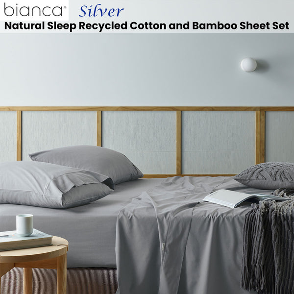 Bianca Natural Sleep Recycled Cotton Bamboo Flat Fitted Sheet Set Silver Queen