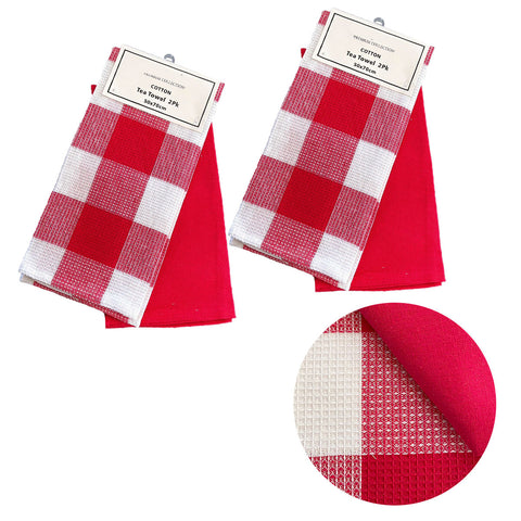 Set of 4 Cotton Waffle Checkered Plain Dyed Kitchen Tea Towels 50 x 70cm Red