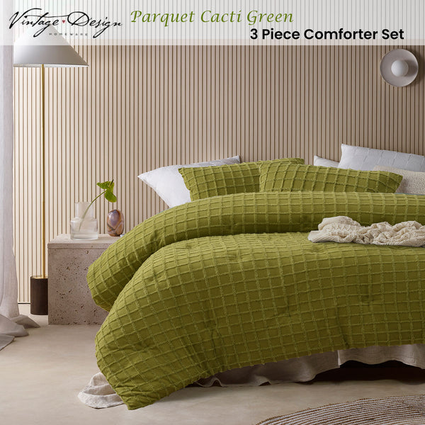 Vintage Design Homewares Parquet Cacti Green Comforter Bedspread Set Queen