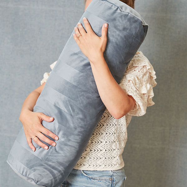 KAAT Amsterdam Softy Stripe Blue Grey Velvet Neckroll Filled Cushion 22cm x 70cm