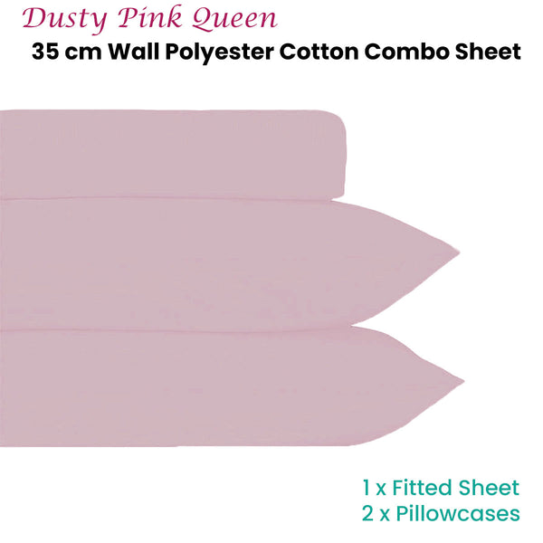 Plain Dyed Polyester Cotton Fitted Sheet Pillowcase Set Dusty Pink Queen