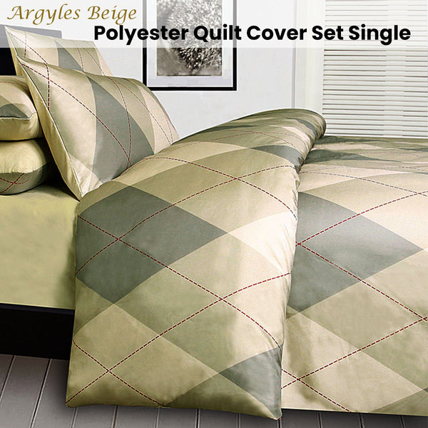 Big Sleep Argyles Beige Microfibre Quilt Doona Duvet Set Single