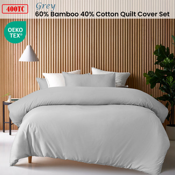 Accessorize 400TC Bamboo Cotton Quilt Doona Duvet Cover Grey Super King