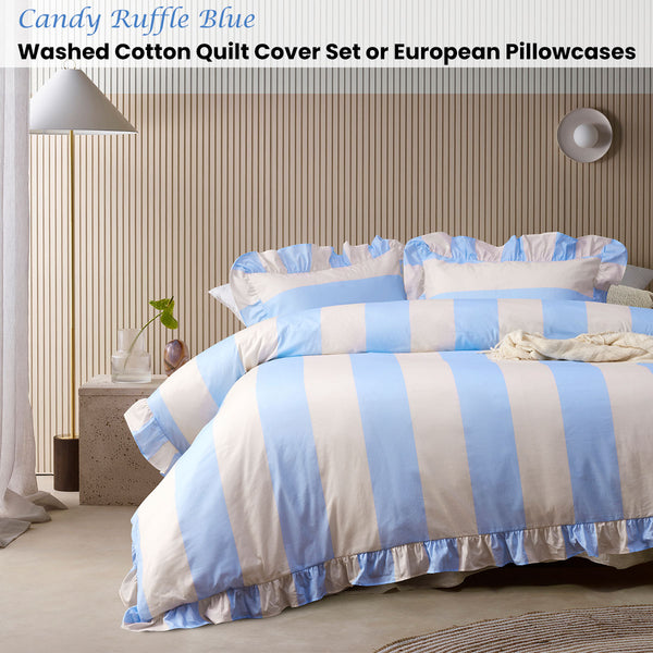 Vintage Design Homewares Ruffle Striped Quilt Doona Duvet Cover Blue Queen