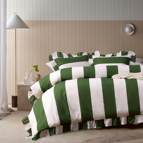 Vintage Design Homewares Ruffle Striped Quilt Doona Duvet Cover Green Queen