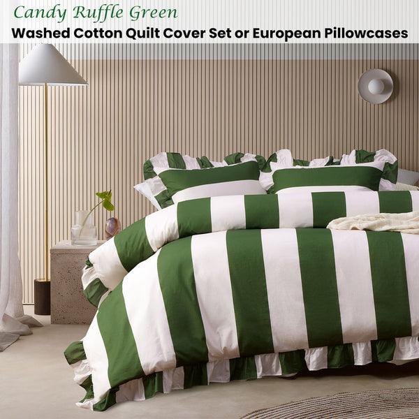 Vintage Design Homewares Ruffle Striped Quilt Doona Duvet Cover Green Super King