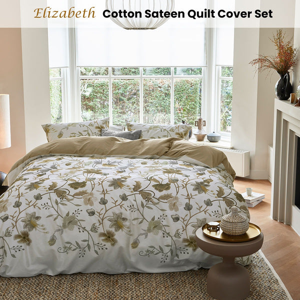 Bedding House Elizabeth Floral Cotton Sateen Quilt Doona Duvet Cover White Queen