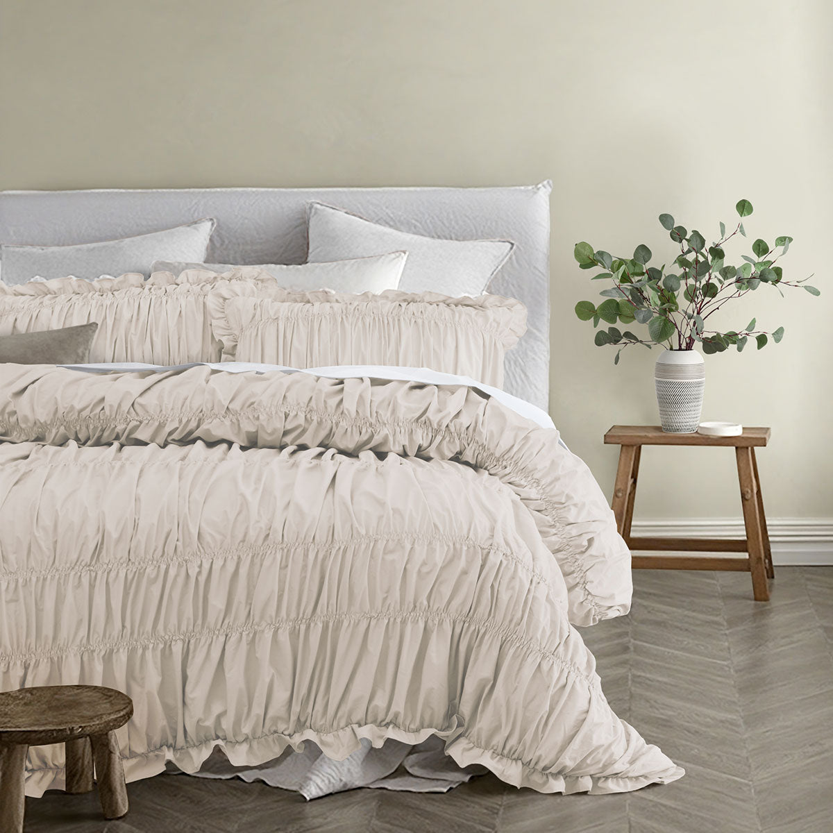 Vintage Design Homewares Haven Ruched Quilt Doona Duvet Cover Natural Queen