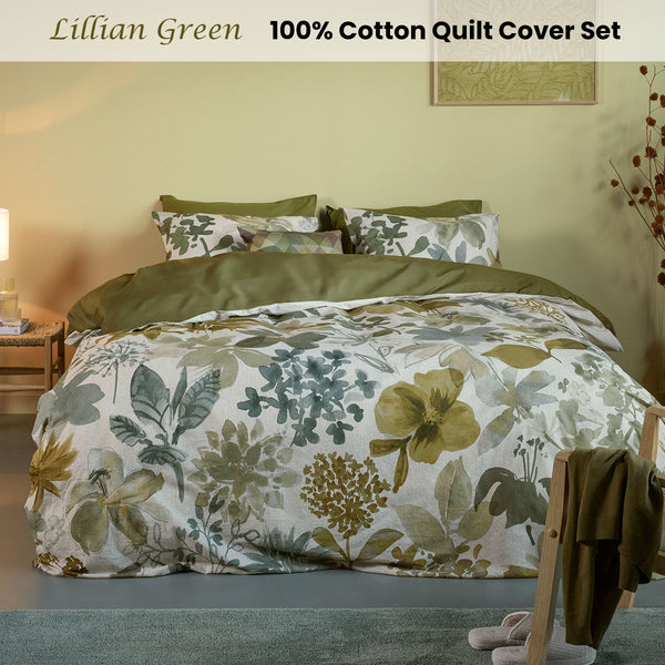 Bedding House Lilian Foral Cotton Percale Quilt Doona Duvet Cover Green King
