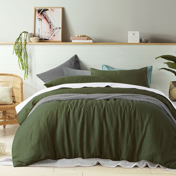 Vintage Design Homeware Linen Quilt Doona Duvet Cover Olive Super King