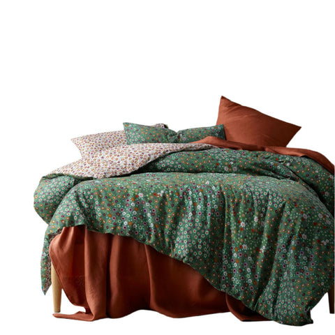 Accessorize Lisa Floral Green Washed Cotton Quilt Doona Duvet Cover Queen