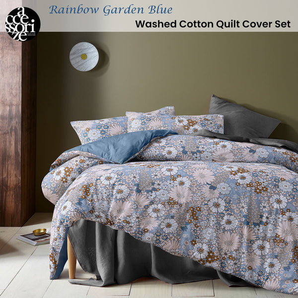 Accessorize Rainbow Garden Washed Cotton Quilt Doona Duvet Cover Blue Double