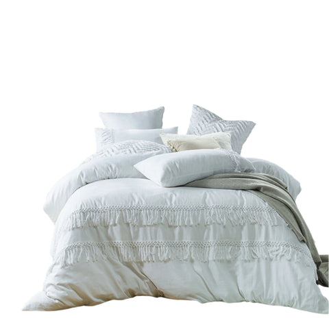 Accessorize Tassel Applique Linen Cotton Quilt Doona Duvet Cover White King