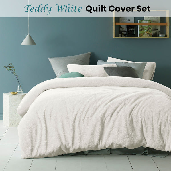 Accessorize Teddy Fleece Solid Colour Quilt Doona Duvet Cover Double White