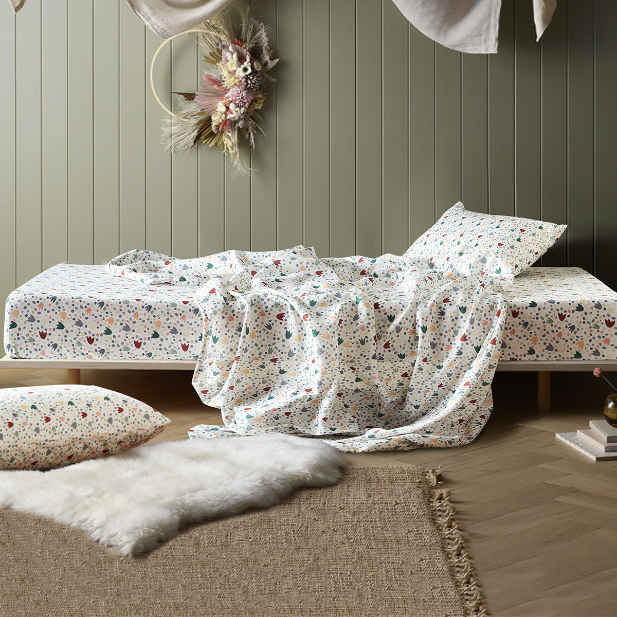 Happy Kids Dino Mania Dinosaur Cotton Flat Fitted Sheet Set Green Double