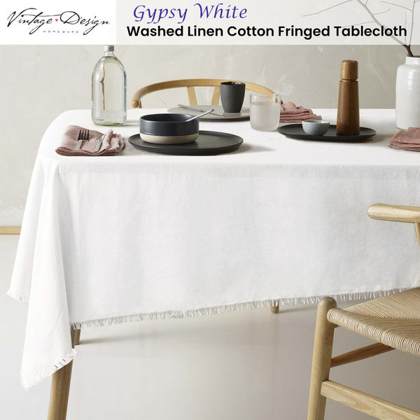 Vintage Design Homewares Gypsy White Fringed Linen Cotton Tablecloth 130 x 180cm