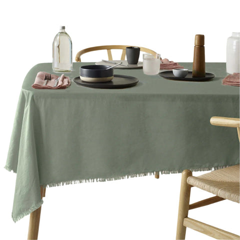 Vintage Design Homewares Gypsy Green Fringed Linen Cotton Tablecloth 150 x 275cm