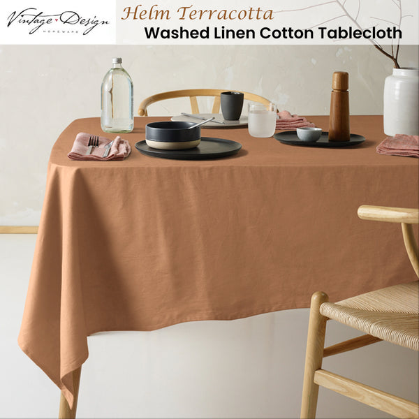 Vintage Design Homewares Helm Terracotta Linen Cotton Tablecloth 150 x 230cm