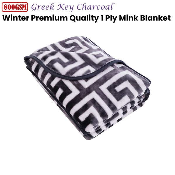 Bloomington Mink Polyester 800gsm Blanket Throw Rug Greek Key Charcoal King
