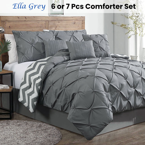 J Elliot Home 7 Pce Ella Pleated Bedspread Comforter Coverlet Grey King