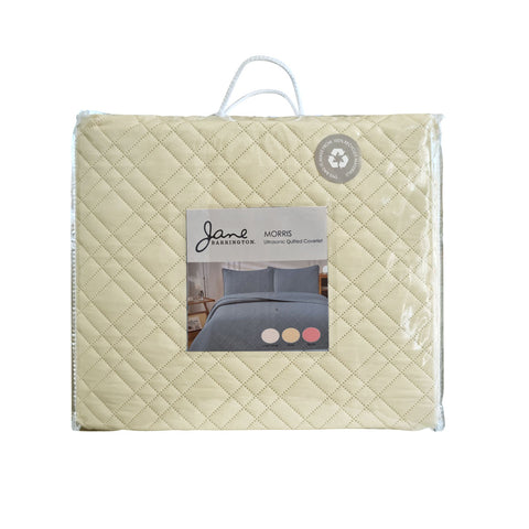 Jane Barrington Morris Quilted Reversible Coverlet Comforter Bedspread Beige Queen