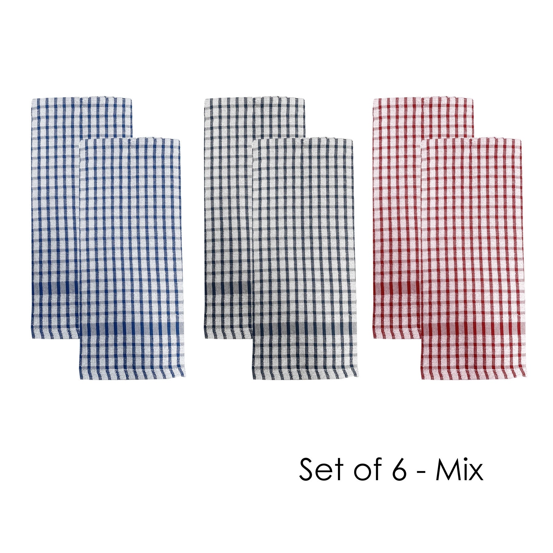 J Elliot Home Set of 6 Elly Checked Terry Kitchen Tea Towels Mix Blue Grey Red