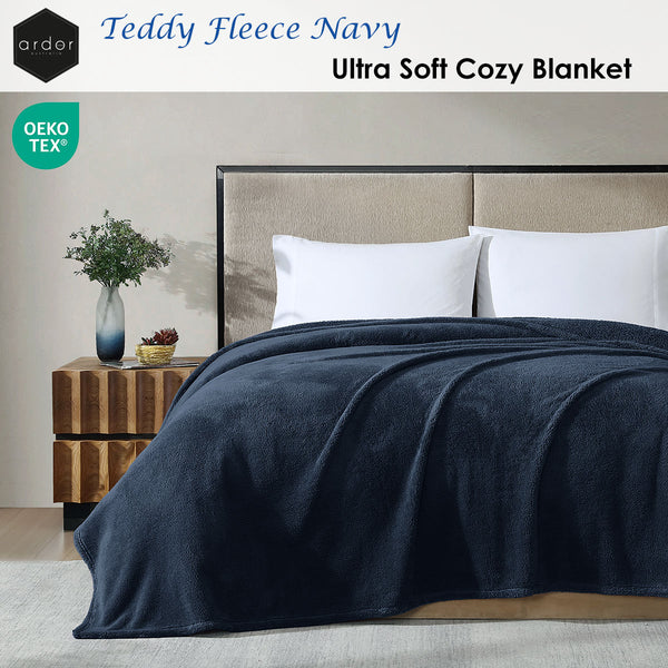 Ardor 260gsm Ultra Soft Teddy Fleece Blanket Throw Rug Queen Navy Blue