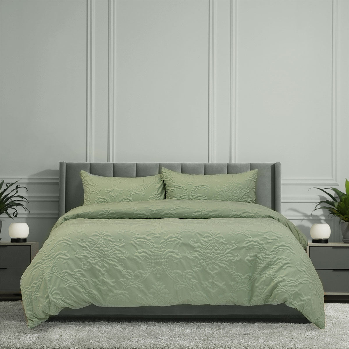 Ardor Adeline Jacquard Damask Quilt Doona Duvet Cover Set Sage Green King