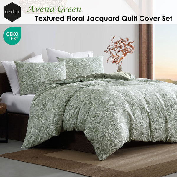 Ardor Avena Textured Floral Jacquard Quilt Doona Duvet Cover Green King