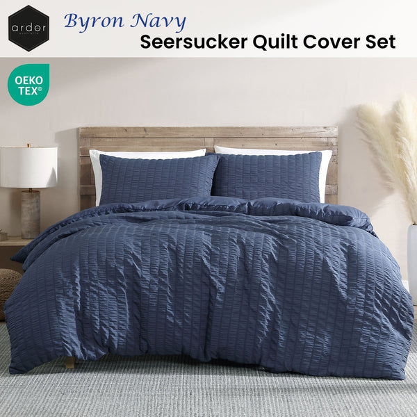 Ardor Byron Seersucker Quilt Doona Duvet Cover Set Navy Blue Queen