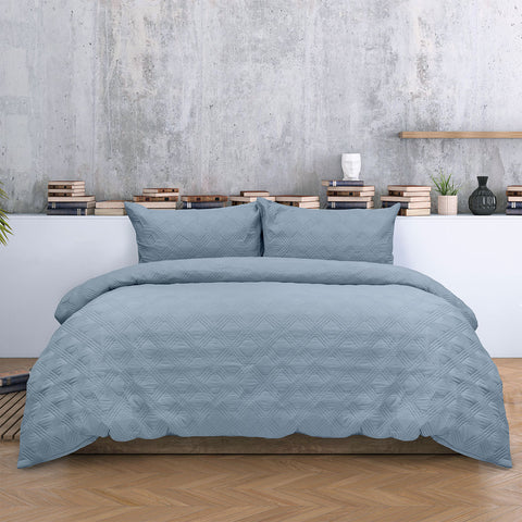 Ardor Carter Embossed Vintage Wash Geometric Quilt Doona Duvet Cover Blue Queen
