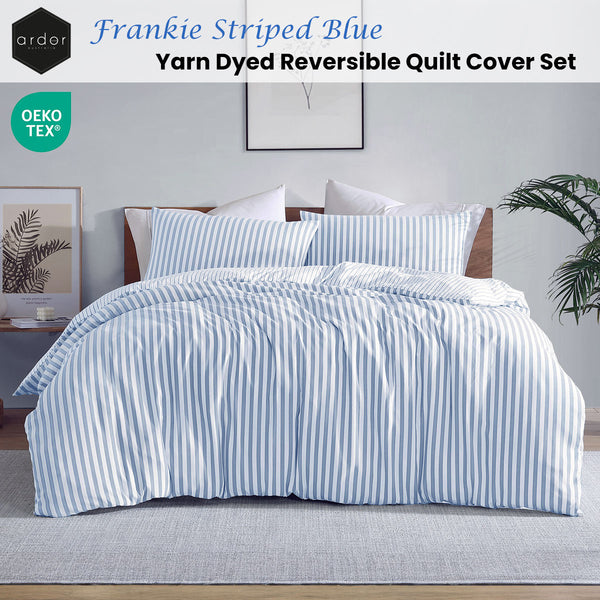 Ardor Frankie Stripe Yarn Dyed Reversible Quilt Doona Duvet Cover Blue Queen