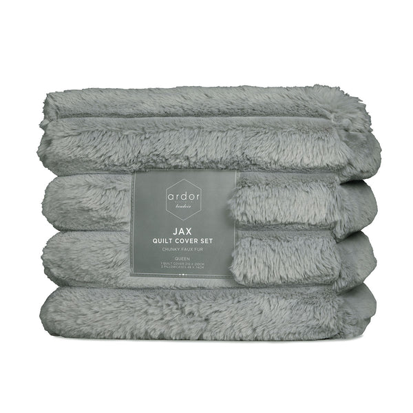 Ardor Jax Chunky Faux Fur Quilt Doona Duvet Cover Set Queen Grey