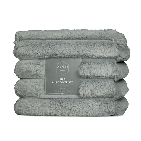 Ardor Jax Chunky Faux Fur Quilt Doona Duvet Cover Set Queen Grey