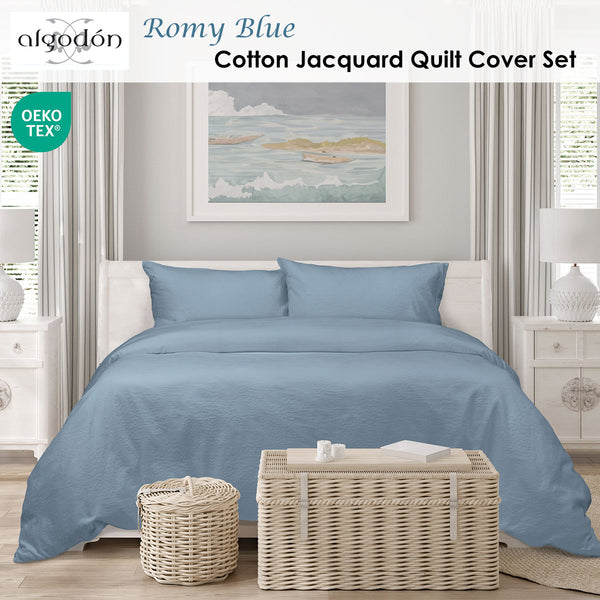 Algodon Romy Embossed Floral Cotton Quilt Doona Duvet Cover Set Blue King