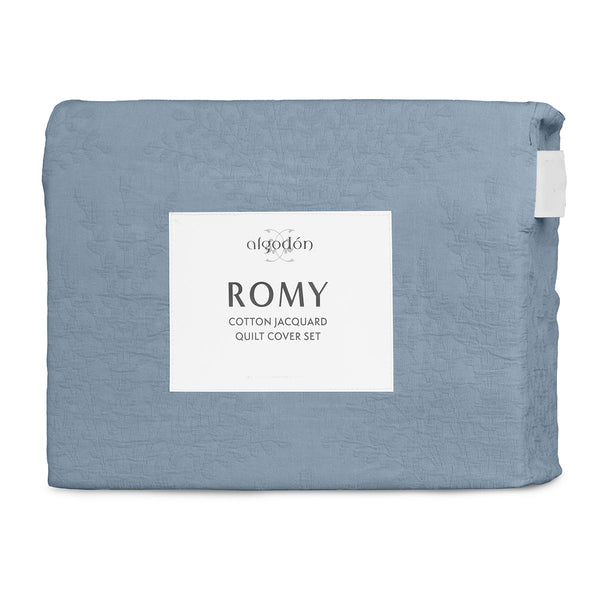 Algodon Romy Embossed Floral Cotton Quilt Doona Duvet Cover Set Blue King