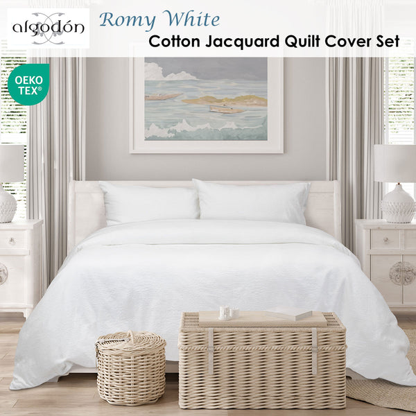 Algodon Romy Embossed Floral Cotton Quilt Doona Duvet Cover Set White King