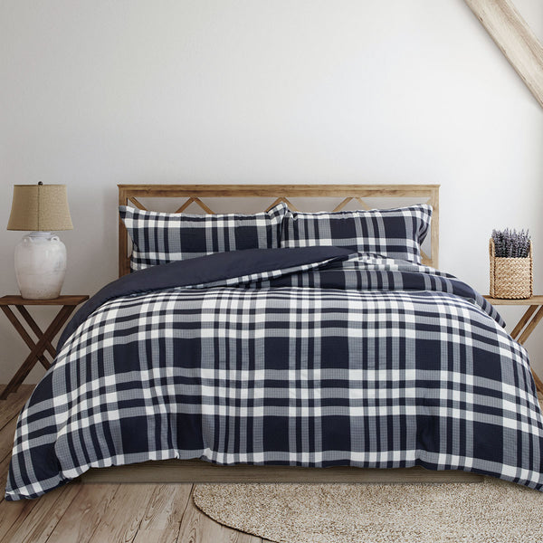 Ardor Ronan Tartan Plaid Jacquard Quilt Doona Duvet Cover Set Navy Blue King
