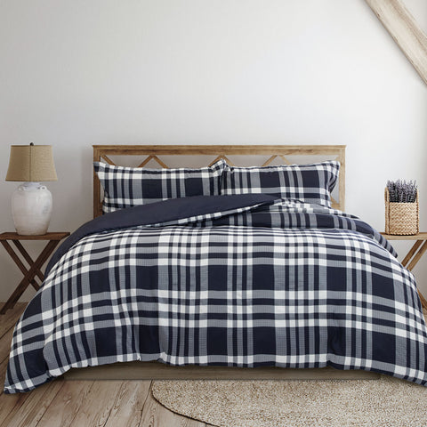 Ardor Ronan Tartan Plaid Jacquard Quilt Doona Duvet Cover Set Navy Blue King