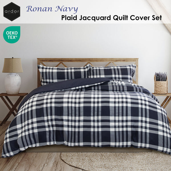 Ardor Ronan Tartan Plaid Jacquard Quilt Doona Duvet Cover Set Navy Blue Queen